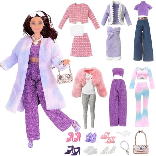 24 Puppenkleidung und Zubehör für 11.5 Zoll Doll 6 Outfits PlüschMantel Set Eleganterset Casual Wear Fashionset Retro Denim Sportbekleidung 6 Schuhe Zubehör MädchenGeschenk