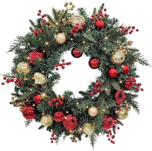 Taylor & Brown 60cm Pre-Lit Artificial Christmas Xmas Wreath, Battery Operated 35 LED Lights with Faux Greenery, Red and Gold Baubles with Berry Accents for Front Door Holiday Home Decorations.