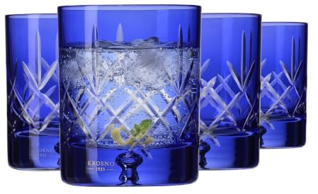 KROSNO Saga Blaue Whiskygläser 250 ml, 4er Set, Kristallglas, Geschliffen, Handgefertigt, für Bourbon und Cocktails