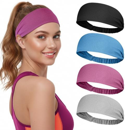 Awumbuk Stirnband Damen Sport, 4er-Pack Haarband Elastisch, Schweißableitend und Atmungsaktiv, Antirutsch, für Yoga, Laufen, Fitness- Schwarz (Blau)