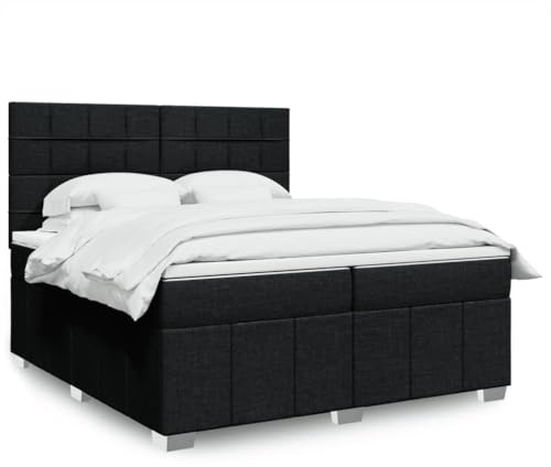 Kaloriko Boxspringbett mit Matratze, Schwarz, 200x200 cm, Stoffbezug, Taschenfederkern, LED-Beleuchtung, höhenverstellbares Kopfteil, für Schlafzimmer, Möbel