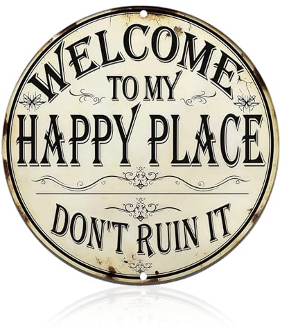 XETHI Vintage Welcome Schilder Rund aus Aluminium, 20cm, Lustige Wanddeko 'Welcome to My Happy Place Don't Ruin It', Gothic Wandkunst für Home Bar Garten Cafe Veranda