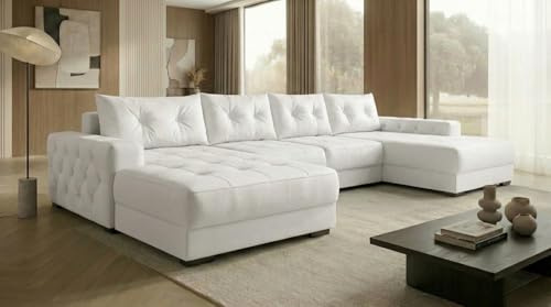 A&J MöbelLand Ecksofa Modena 320x185 cm mit Schlaffunktion, Bonellfederkern und Bettkasten in Weiß – modernes Schlafsofa mit Stauraum