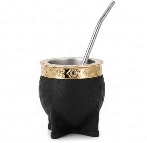 Argentine Mate, tazza nera imperiale argentina per mate, zucca in acciaio inox con bordo intagliato e cannuccia, isolata per bevande calde e fredde