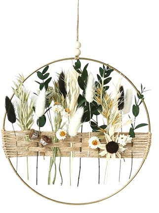 WGXIA Trockenblumenkranz 25cm Metallring Hanfseil Boho für Tür Wand Deko | 25cm Natürliche Trockenblumen und wiederverwendbar für jede Saison Durchmesser Vielseitig für Tür, Wand, Fenster und Kaminsim