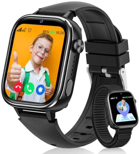 RUXINGX Smartwatch Kinder GPS, Kinderuhr mit Telefon und SOS (Schwarz) | HD Videoanruf, Voice Chat, Schulmodus, Wecker, Schlafen, IP68 Wasserdicht, SMS, Schrittzähler, Geschenke für Mädchen Jungen