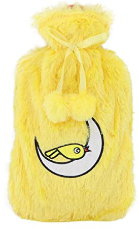 Biggdesign Wärmflasche mit waschbarem und weichem Plüschbezug, Bettflasche für Kinder und Erwachsene, 2L Wärmflasche für Rücken- und Bauchschmerzen, Hot Water Bottle (Gelb Vogel)