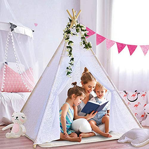 Triclicks Tipi Zelt Für Kinder, Tipi Spielzelt für Kinder, Indianerzelt Kinderzelt Wigwam Spielhaus Für Drinnen & Draußen, 100% Baumwolle Segeltuch (Weißer Spitze)