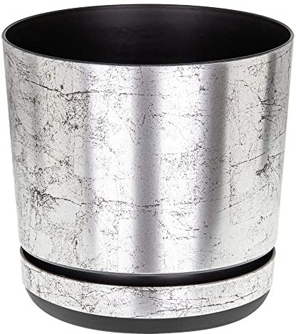 KORAD Old Silver Indoor Plant Pots with Drainage Holes and Attached Saucer, Round Modern Decorative Plastic Flowerpots for Houseplants, Succulents, 6 Sizes, 25 Colour Options- (18 cm(7 inches))