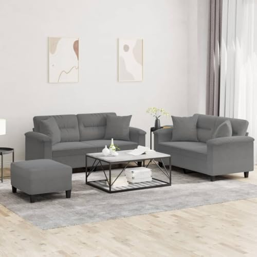 Owoxanthellate Owox 3-TLG. Microfaser-Sofa dunkelgrau 150/170×77×80 cm Metall-Holzgestell, mit Hocker & Kissen, Set für kleine Räume