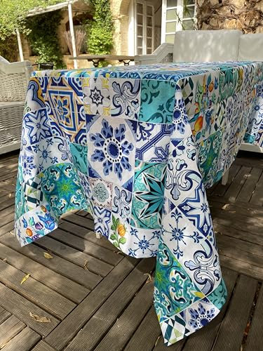 1KDreams tovaglia da tavola in Cotone. Maiolica, piastrella, arabeschi. Rettangolare. Decorazione Moderna, Elegante. Made in Italy (130x180 cm)