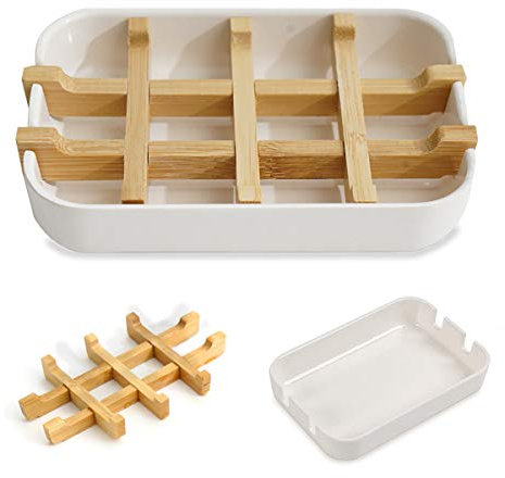 MOLEDA Porte Savon en Bambou Bois, Naturel Bamboo Wood Soap Dish Holder Soap Saver Box pour Shower, Carre Artisanal Porte Boîte Panier Savon Solide Main pour Douche Lavabo Cuisine Evier (Blanc)