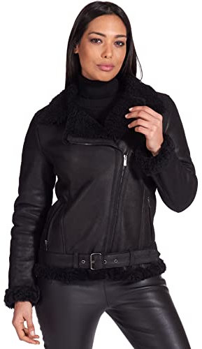 D'Arienzo Damen Italienische Jacke aus Schaffell Schwarze mit Gurtel Kreuzreißverschluss Echtleder Lammleder Made in Italy Malu M/schwarz