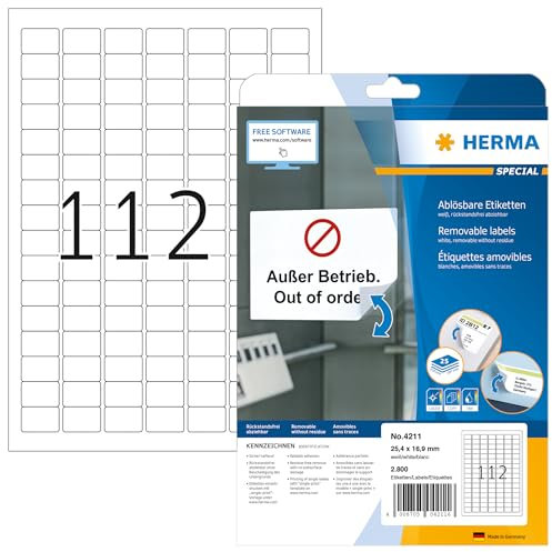 HERMA 4211 Universal Etiketten ablösbar, 800 Blatt, 25,4 x 16,9 mm, 112 pro A4 Bogen, 89600 Stück, selbstklebend, bedruckbar, matt, blanko Papier Klebeetiketten Aufkleber, weiß