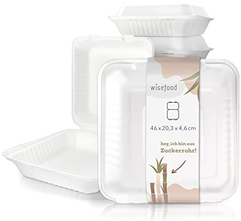 wisefood Zuckerrohr Einweg Schalen - 100 Stück Bagasse Menüboxen weiß - Lunchboxen mit Klappdeckel ideal für Takeaway - Biologisch abbaubares Zuckerrohr Geschirr ohne PLA/PE 46x20,3x4,6 cm