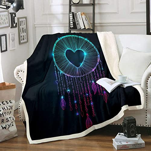 Loussiesd Funkelnder Traumfänger Kuscheldecke für Schlafsofa Boho Traumfänger Flanell Fleecedecke Dekorative Indianer Sherpa Decke Valentinstag Design Wohndecke 100x130cm Fuzzy Decke