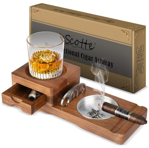 Scotte Cendrier, plateau en bois pour verres à whisky et cendrier en bois avec coupe-cigares, comprenant un tiroir à cigares et une fente pour cigares, un accessoire idéal pour les cigares d'hommes
