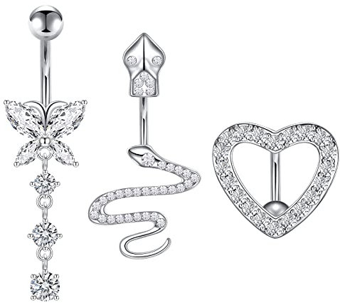 Mayhoop Piercing Nombril Acier Chirurgical Coeur Serpent Papillon CZ Inversé Piercing Nombril Naval Piercing Nombril pour Femmes 16G 10mm Argent 3Pièces