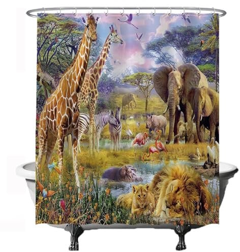 Ulticool Duschvorhang – Safari Tier Giraffen Elefant - 180 x 200 cm - Waschbar - Anti Schimmel - mit 12 Ringen - Grün Braun