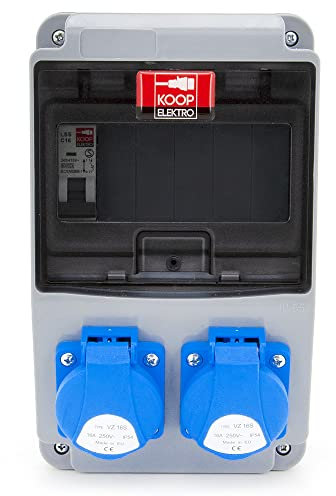 KOOP Elektro Verdrahtet Baustromverteiler Wandverteiler Stromverteiler mit Sicherungen und Schuko Steckdosen 2x230V + 1x Leitungsschutzschaltern C16 1-polig, IP54, für Indoor/Outdoor-Bereich