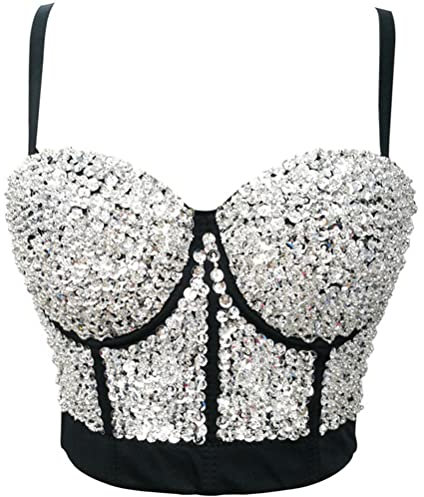 ORANDESIGNE Damen Y2K Korsett BH Tank Top Dessous Trägertop Crop Top Schlanke Feste Weste Push Up Bustier Lässig Pailletten Perlen Strasssteine Diamanten Korsett Clubwear Party E Silber M