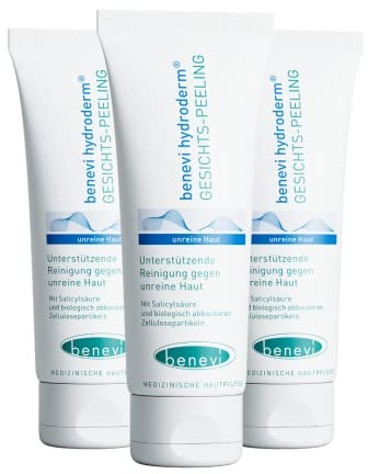 benevi Peeling 75ml für unreine Haut öffnet verstopfte Poren, entfernt Mitesser und abgestorbene Hornschüppchen. Der störende Fettglanz wird vermindert und das Hautbild verfeinert. Ohne Mikroplastik.