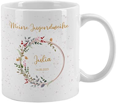 Herz & Heim® Kaffeetasse zur Jugendweihe mit Aufdruck des Namens und Datum