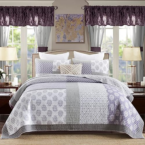 Y-PLWOMEN Steppdecke für King-Size-Betten, 100 % Baumwolle, leicht, weich, für King-Size-Betten, Lila, Grau, Weiß, gesteppte Tagesdecke, Patchwork, Bettwäsche-Set für alle Jahreszeiten, 3-teilig