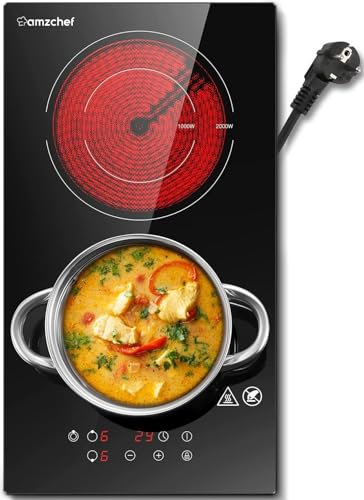 Placa vitrocerámica AMZCHEF Placa vitrocerámica 2 fuegos, control táctil con sensores, cerradura de Seguridad infantil, nivel 9, cronómetro de 99 minutos, 3200w con enchufe