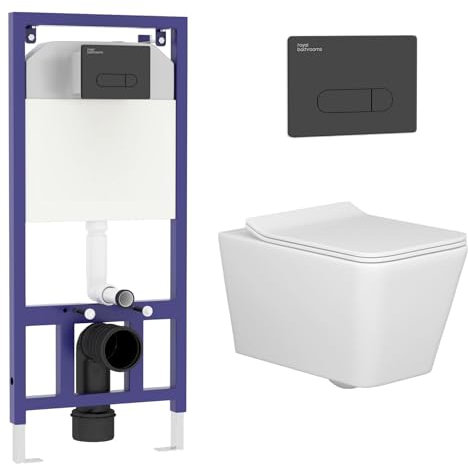 Wall Hung Toilet Pan Dual Concealed Cistern Frame Soft Close Seat & Black Flush Plate Square Rimless Toilet