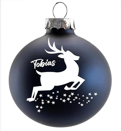 Weihnachtskugel Rentier mit Name Bedruckte aus Glas 8cm Wunschtext | Matt &Glänzend Personalisierte Christbaumkugel Groß | Weihnachten, Weihnachtsbaumschmuck | Kugeln (Matt, Blau)