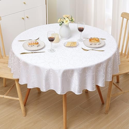 Homaxy Tischdecke Abwaschbar Rund 120cm Polyester Tischtuch Tafeldecke Jacquard Tischwäsche Ornamente Schmutzabweisend Pflegeleicht, Weiß