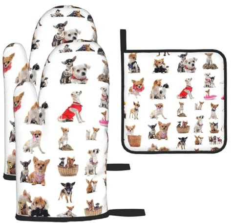 Nette Chihuahua Mops-Muster Küche Backen Set-Hitzebeständige Ofen Handschuhe Und Topf Deckel Pad - Wesentliche Backformen Toolkit