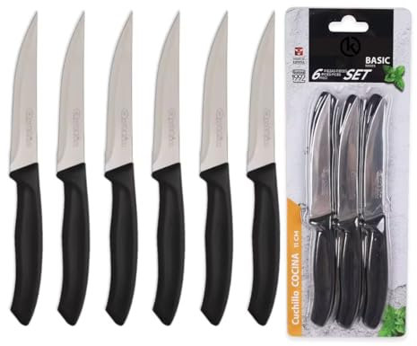 KROWN - Cuchillo Pack de 6 Cuchillos de Uso Diario. Juego de 6 Cuchillos de Carne. Mango Negro Resistente y Duradero. Cuchillo Apto para Mesa Carne, Pelador, Cocina. Set 6 Piezas