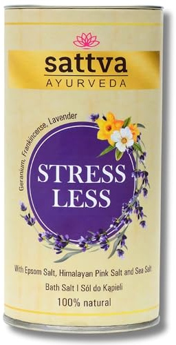 Sattva Ayurveda Stress Less Bath Salt – Badesalz, Fußbad, Entspannungsbad und Peeling-Salz mit Lavendel – 100% Natürliches Badekristalle: Epsom-, Himalaya- & Meersalz für Frauen & Männer – 300g