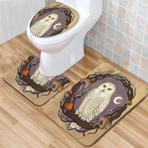 Badematte Tier Eule Badezimmerteppich Set 3 Teilig Mikrofaser Badteppiche und WC Vorleger mit Ausschnitt Waschbar rutschfeste Badvorleger Toilette Teppich