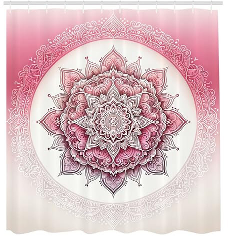 ABAKUHAUS Rosa Duschvorhang, Blühende Rötel Ton Mandala Blume mit blättrigen Details orientalisches Boho, Stoffliches Gewebe Badezimmerdekorationsset mit Haken, 175 x 200 cm, Magenta Weiß Grau Gelb