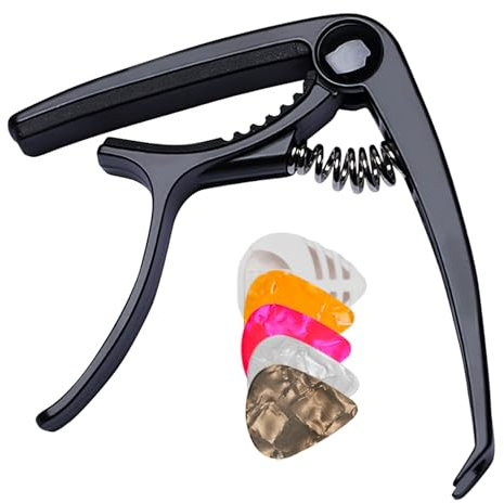 Capodastre Guitare à 6 Cordes, Capo en Alliage avec Quatre Plectres Offerts, Protection Tonalité Rapide, Compatible avec Guitares Électriques, Acoustiques, Ukulélés, Mandolines et Banjos - Noir
