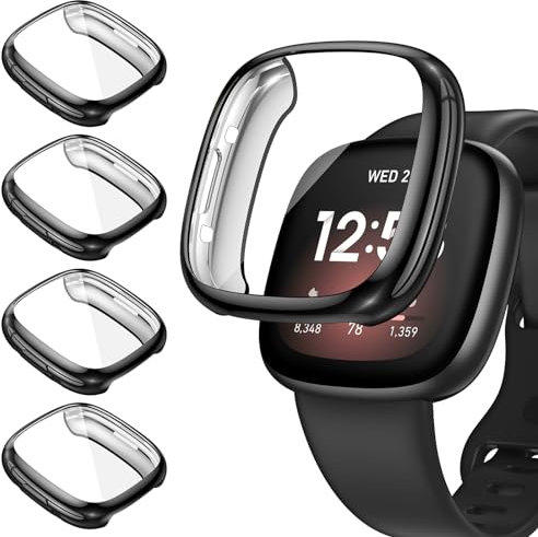 [4Stück] Kamita Schutzhülle für Fitbit Versa 4/Sense 2 Hülle, Weiche TPU Bumper Case mit Schutzfolie, Stoßfestes Rundum Schutz Cover Ultradünne Gehäuse für Fitbit Versa4/Sense2 Zubehör (Schwarz*4)