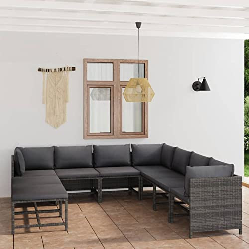 Rantry Sofa Terrasse Outdoor Modular Sofa Rattan Outdoor Gartenmöbel-Set 9-teilig und Kissen Polyrattan grau 3x Ecke + 4x Mittelteil + 2x Fußstützen