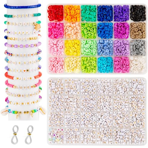 zenmag Perlen für Armbänder, 24 Farben Tonperlen Set für Freundschaftsarmbänder, 690 Buchstabenperlen in aufsteigender Reihenfolge und 30 Stück Herzperlen Smileyperlen