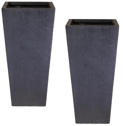 IDEALIST Set of 2 Small 50.5cm Tall Planter for Garden | Dark Grey Reinforced Stone Tapered Square Planter | Outdoor Pots with Drainage Holes L24.5 W24.5 H50.5 cm, 18 litres