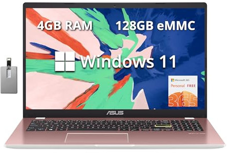 ASUS Vivobook Go Ordinateur portable FHD 15,6, Intel Pentium Silver N6000, 4 Go de RAM, 128 Go SSD, carte graphique Intel HD, pavé numérique, webcam HD, Wi-Fi 5, 1 an Office 365, Win 11, rose, carte