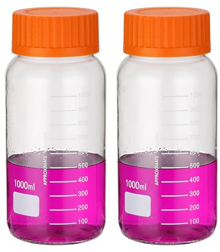 PATIKIL 2 Pack Reagent Media Storage Bottles, 1000ml Borosilicate Glass Wide Mouth Graduated Round Bottles with Orange GL32 Screw Cap for Lab Water Reagent Liquids, Clear