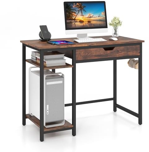 COSTWAY Computer Desk, 100CM Industrial Home Office PC Laptop Table Working Desk with Drawer, Adjustable Shelf & Headphone Hooks, Compact Study Writing Table Gaming Desk