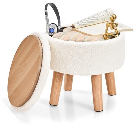 BRIAN & DANY Footstool with Storage, Small Storage Ottoman, Teddy Fleece Round Stool with Lid, Sherpa Foot Stool with Legs for Living Room Entryway, White