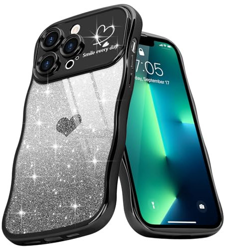 Teageo Cute Heart Pattern Curly Phone Case for iPhone 13 Pro Max, Wave Frame Glitter Case for Girls Women Aesthetic Bling Cover Shockproof Soft TPU Bumper for iPhone 13 Pro Max, Black