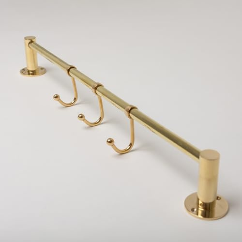 Solid Brass Kitchen Hook Rail | Utensil Hanging Rail | Wardrobe Clothing Rail | Heavy Duty Rail with 3 Hooks | Bathroom Towel Rail (Polished Brass)