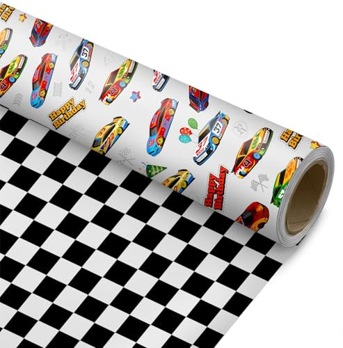 ZINTBIAL Geschenkpapier mit Rennwagen-Motiv, wendbar, mit schwarz-weiß karierter Flagge auf der Rückseite, perfekt für Feiertage, Geburtstage, Babypartys und Weihnachten, 44,5 x 10,1 m