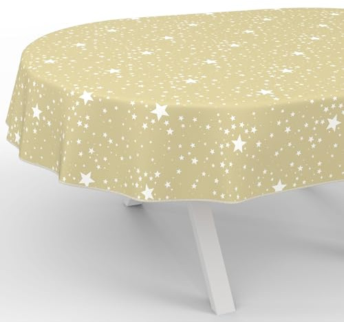 ANRO Wachstuchtischdecke Wachstischdecke Wachstuch Tischdecke abwaschbar Gartentischdecke Wasserabweisend Oval 220x140cm mit Saum (Eingefasst) Sterne Beige